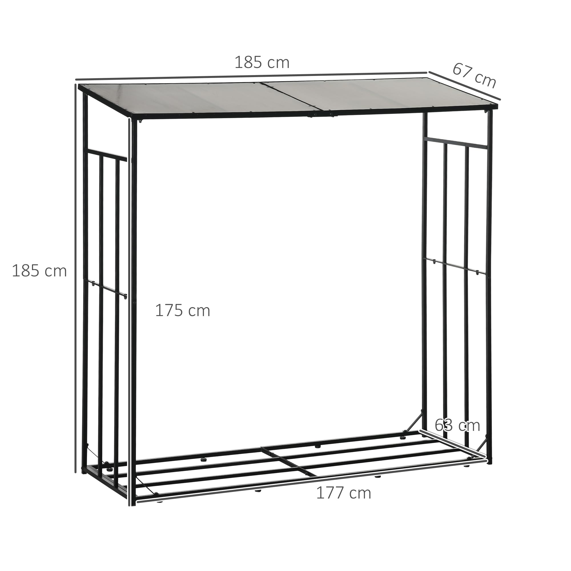 Outsunny Legnaia da Esterno in Metallo con Tetto in Policarbonato, Portalegna con Capacità di Carico 2100kg, 185x67x185 cm, Nero