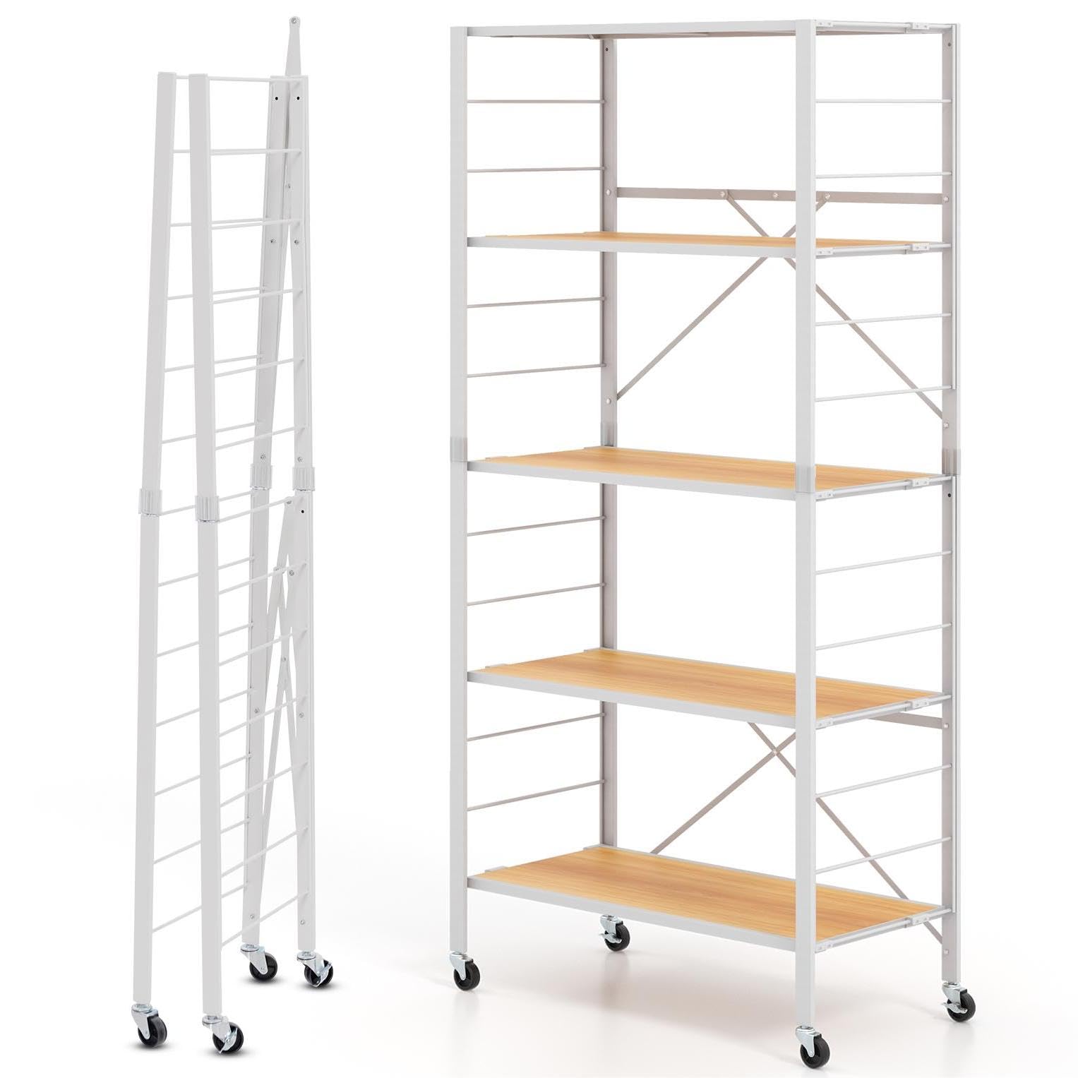 TANGZON 3/4/5 Tiers Foldable Shelving Unit, Metal Frame Adjustable Rolling Storage Cart with Wheels & Anti-tipping Device, Standing Racking Shelves for Kitchen Living Room (White+Natural, 5-Tier)