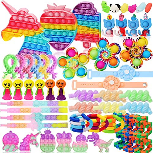 (55 Pcs) Fidget Toy Pack Push Popping Bubble Mini Fidgets Toys Keychain Set, Tangle Fidget Bracelet Pop Tubes Simple Dimple Fidget Spinners, Sensory Toys Box Party Favors for Autistic ADHD Kids Girls