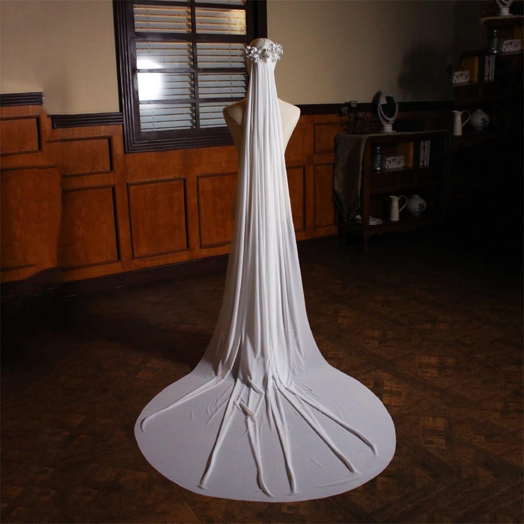 Long Spandex mesh Bridal Headdress with White Flower Tail Church Travel Photo Wedding Headdress