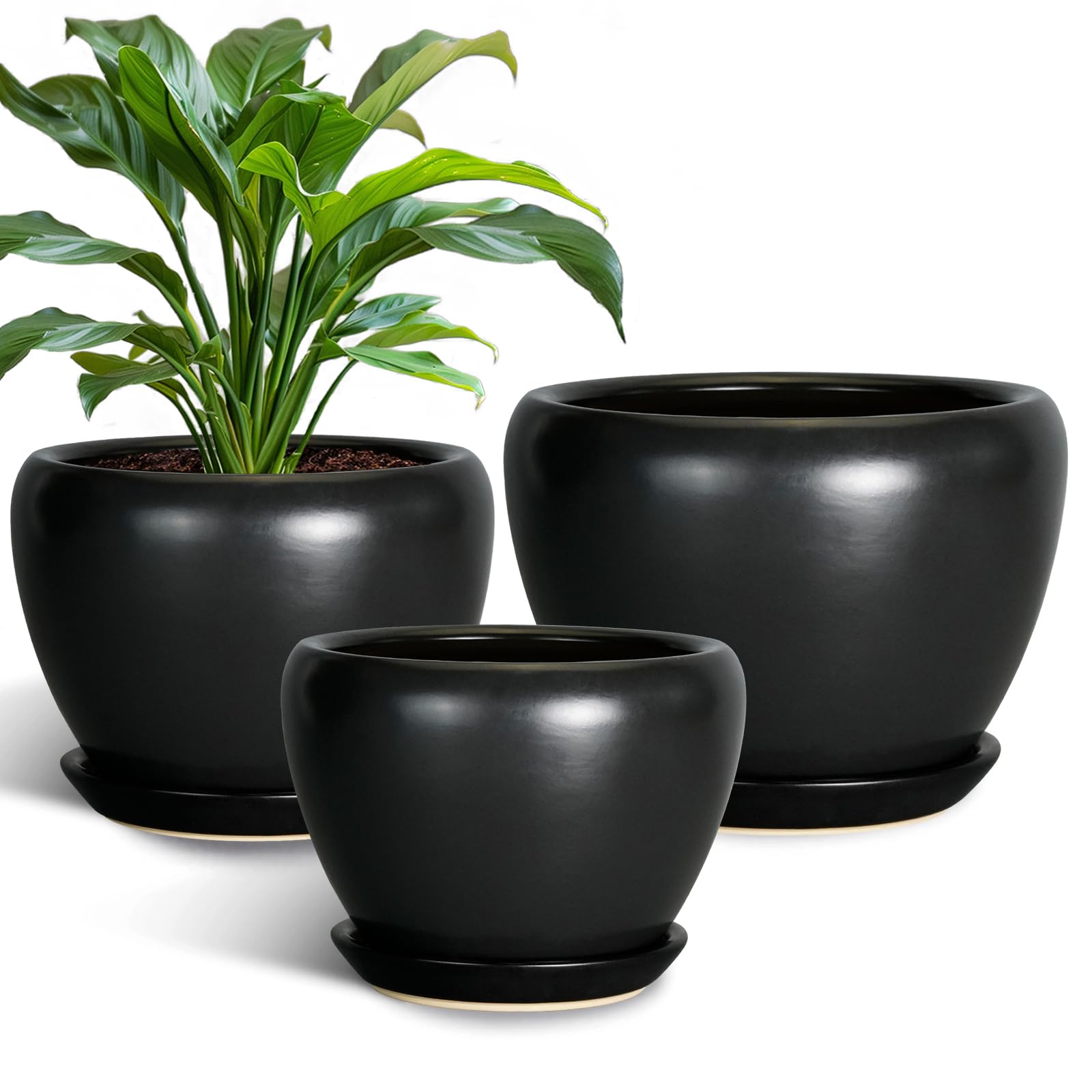 Ceramic Planters Pots - 10 Inch 8 Inch 6 Inch Plant Pots Indoor with Drainage Holes and Saucers Large Planters Mid-Century Flower Pots Outdoor Set of 3 Black