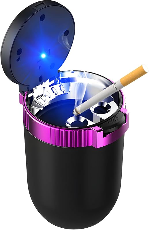 Car Ashtray with Lid, Auto Portable Stainless Steel Smokeless Ash Tray with LED Light, Detachable Windproof Ashtray Mini Trash Can for Most Car Cup Holder Home Office (Purple)