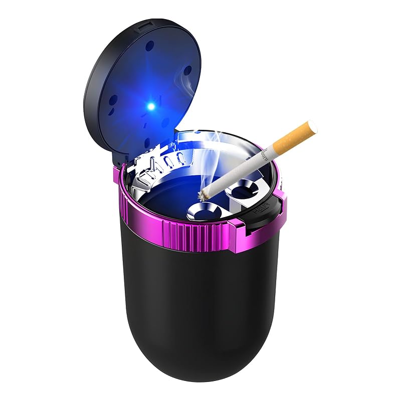 Cinzeiro Automotivo com Tampa, LED Azul e Recipiente Removível em ABS e Aço Inoxidável MUQIDA, Roxo