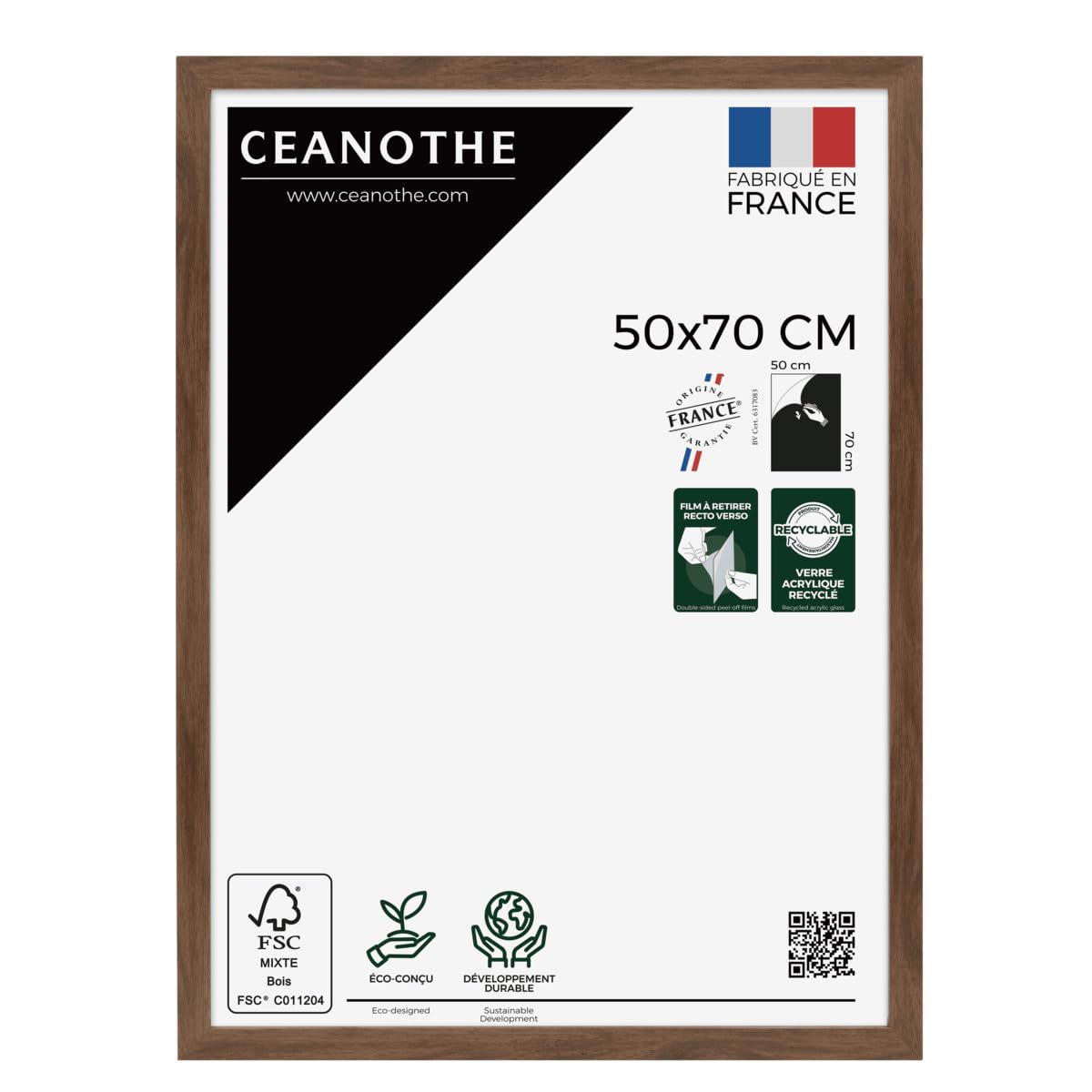 Ceanothe Cadre Photo 50x70 cm en Bois Marron Convient au A2 et Affiche Poster de la Collection Design Eternel Verre acrylique Incassable - Fabriqué en France