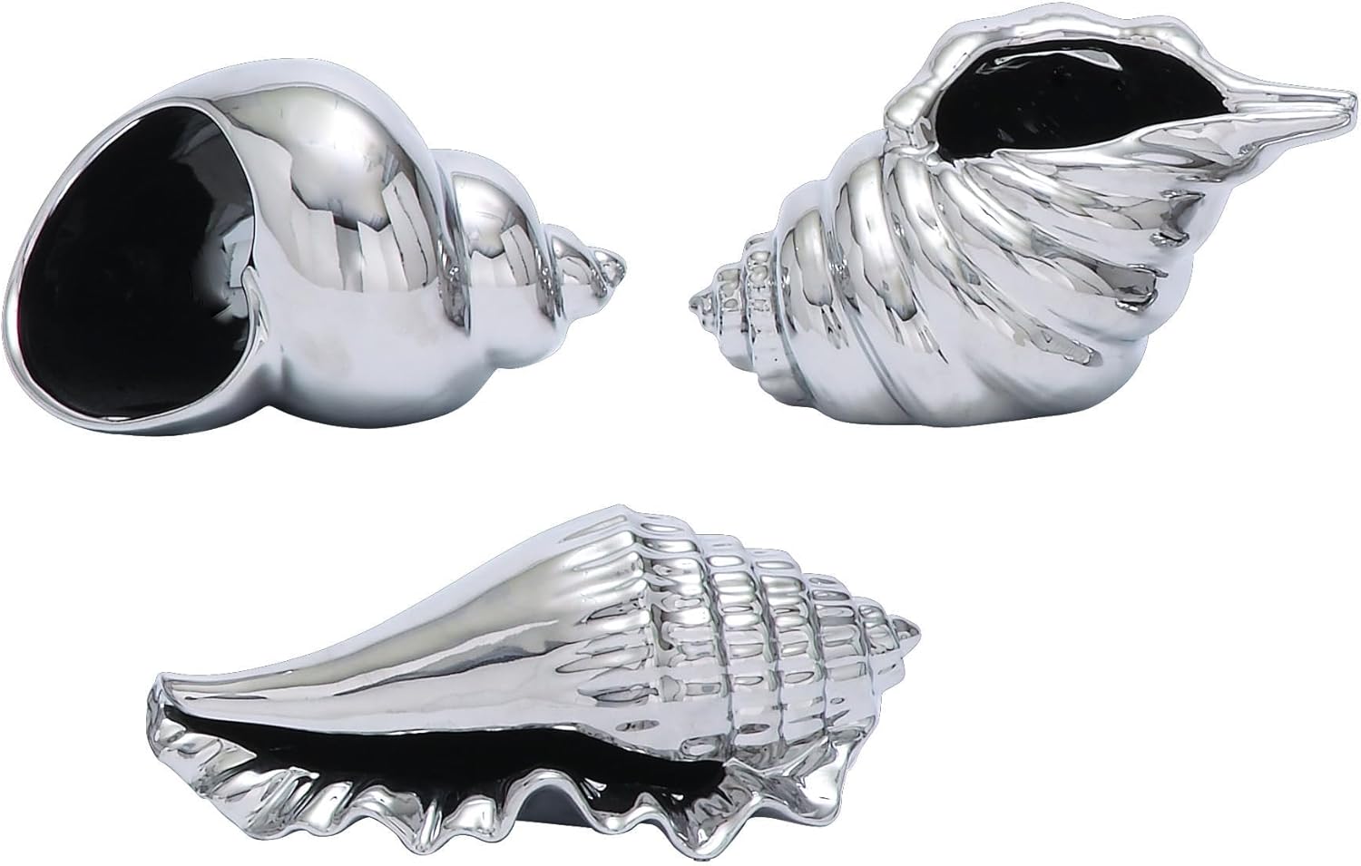 Deco79 Silver Ceramic Seashell Sculptures Set of 3 - Coastal Home Decor Statues, 7" Accent Figurines for Shelf & Table
