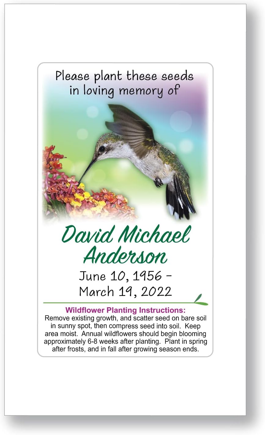 50 Personalized Hummingbird Wildflower Memorial Funeral Seed Packets Favors Remembrance Celebration of Life (50)