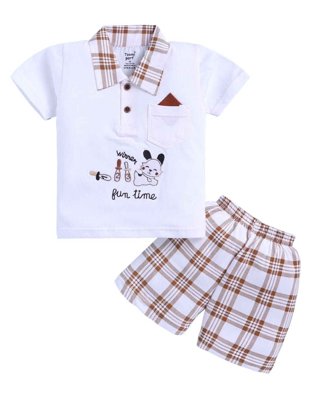 Toonyport Pink Cotton Knit Half Sleeves Boys Clothing Set with Bear Pocket Detail and Beige Shorts