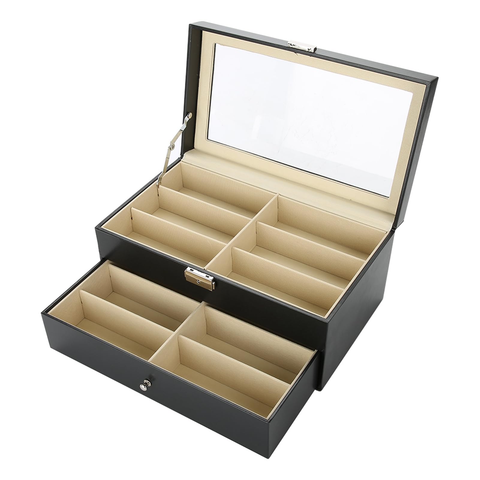 RIZGHWOY Zweilagiger Brillen-Organizer mit 12 Fächern Zum Ordnen und Präsentieren von Sonnenbrillen – Stilvolle, Tragbare Aufbewahrung in Schwarz – MDF und PU-Leder – 34 X 19 X 16 Cm