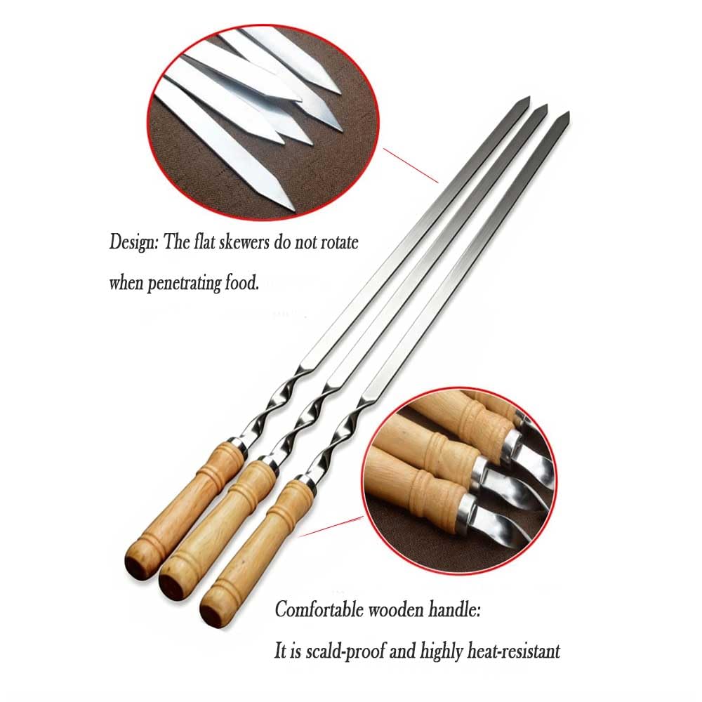 Lot de 6 brochettes en acier inoxydable de 55 cm de long avec manche en bois