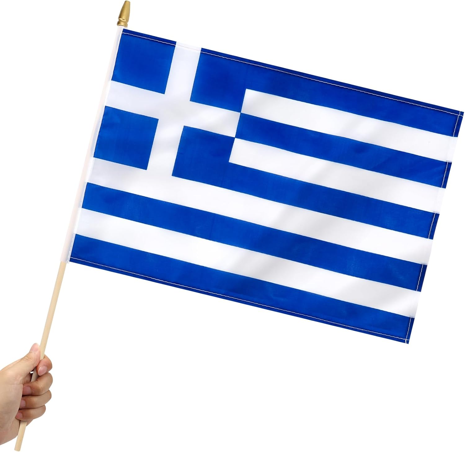 12 Pack Greece Stick Flags Small 12x18 Inch Greek Hand Held Flags with 24 Inch Wooden Pole Decorations