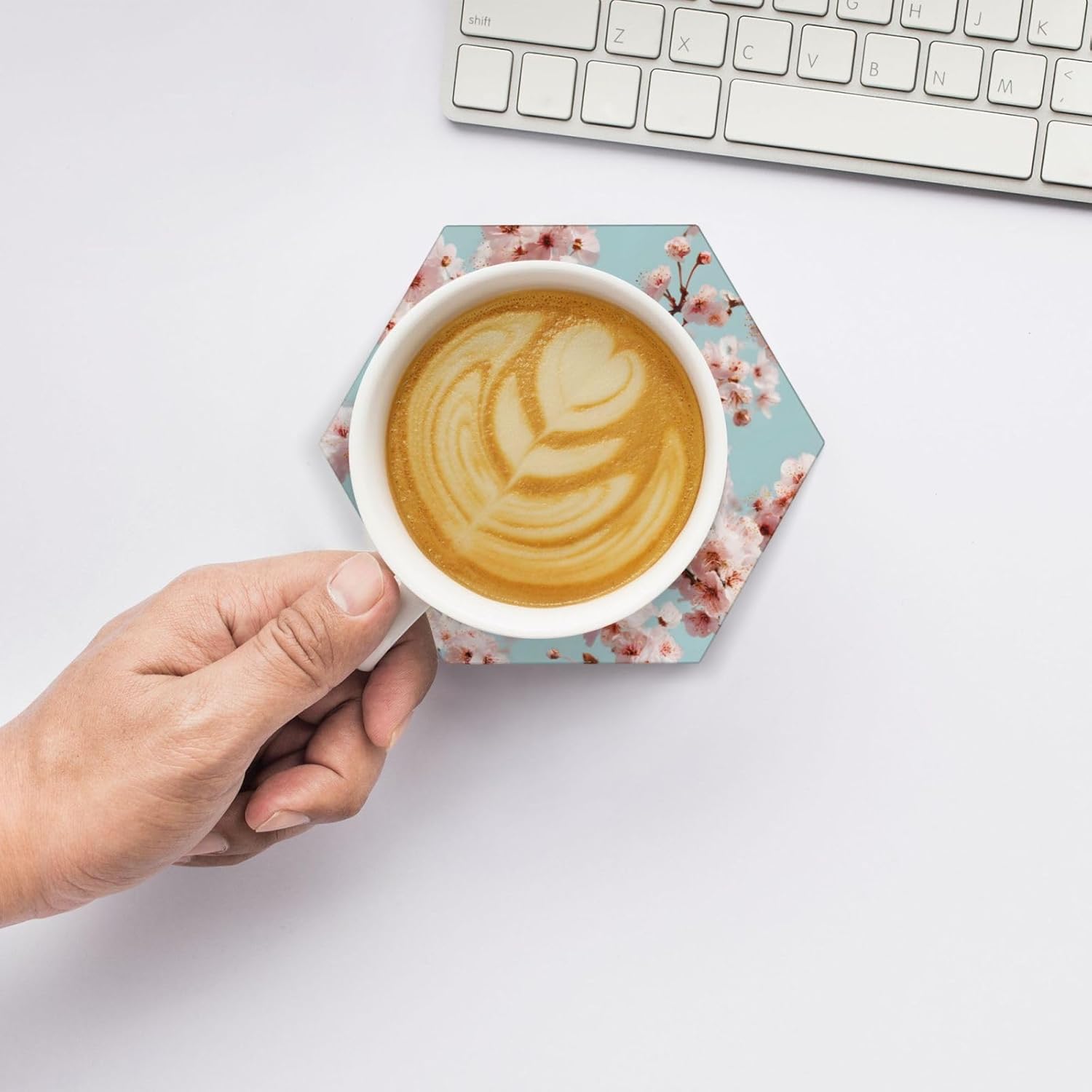 (Cherry Blossoms) Ceramic Coasters Set of 6 with Holder Non-Slip Hexagon Coffee Coasters for for Cup Mug Drink Patio Coffee Table Decor, Christmas Coasters Home Bar Supplies