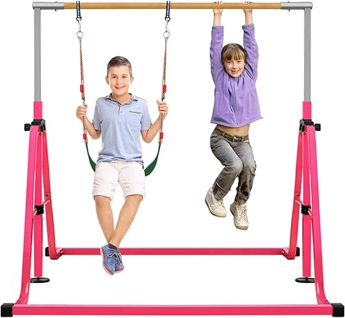 RAVS Barra de gimnasia para niños con juego de columpios, 8 alturas ajustable, fácil de plegar, barra de entrenamiento de gimnasia para niños,