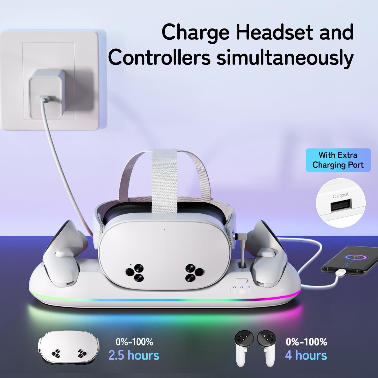 GearSpire Charging Dock Station for Quest 2/3/3S, White RGB LED Stand with USB-C Fast Charging, Controller Charger, VR Headset Accessories