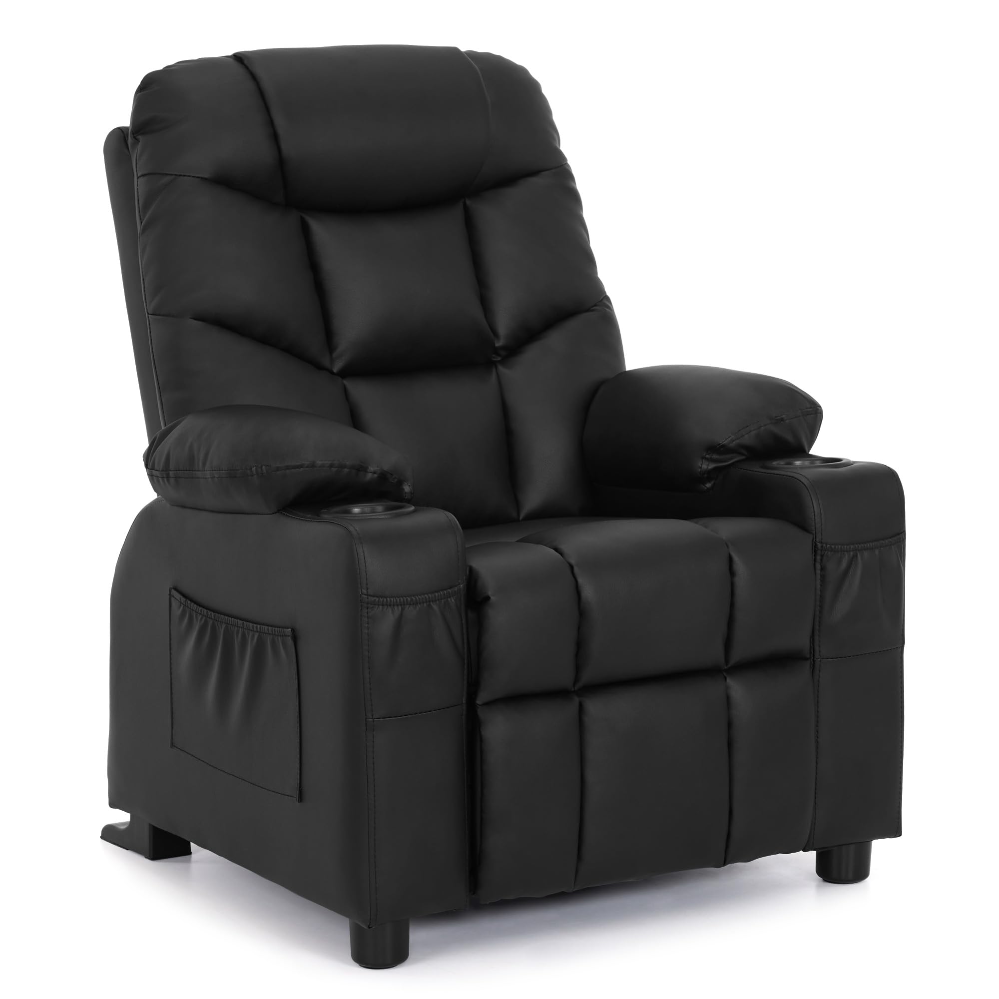 MCombo Big Kids Recliner for Ages 3+, Child Reclining Chair, Toddlers Recliner Sofa with Cup Holders (Faux Leather, Black)