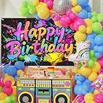 Neon Birthday Party Decorations, Neon Happy Birthday Banner Backdrop Sign, Glow in The Dark Party Photography Background - Image 5