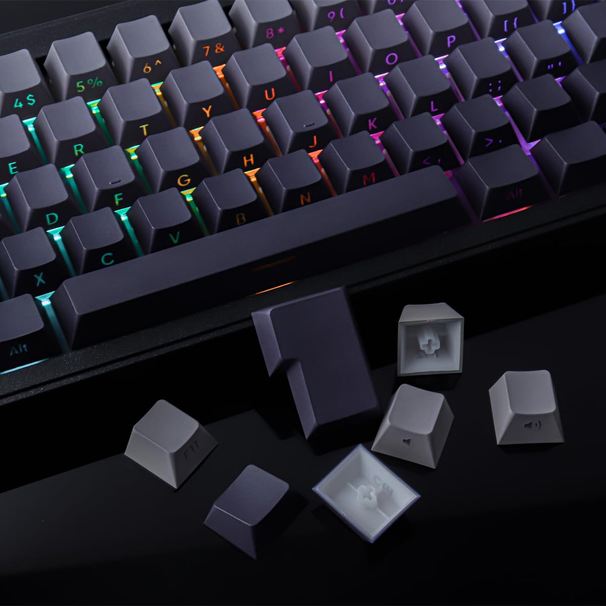 PBT - Juego de teclas degradadas grises – 135 teclas, diseño ANSI e ISO, interruptores Cherry MX, brillo a través