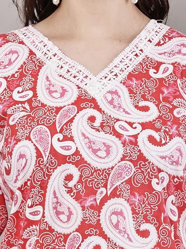 Image of Women's Red Printed Short Kurti with Lace Trim, 3 /4 Sleeves, Round Neck, Ethnic Style