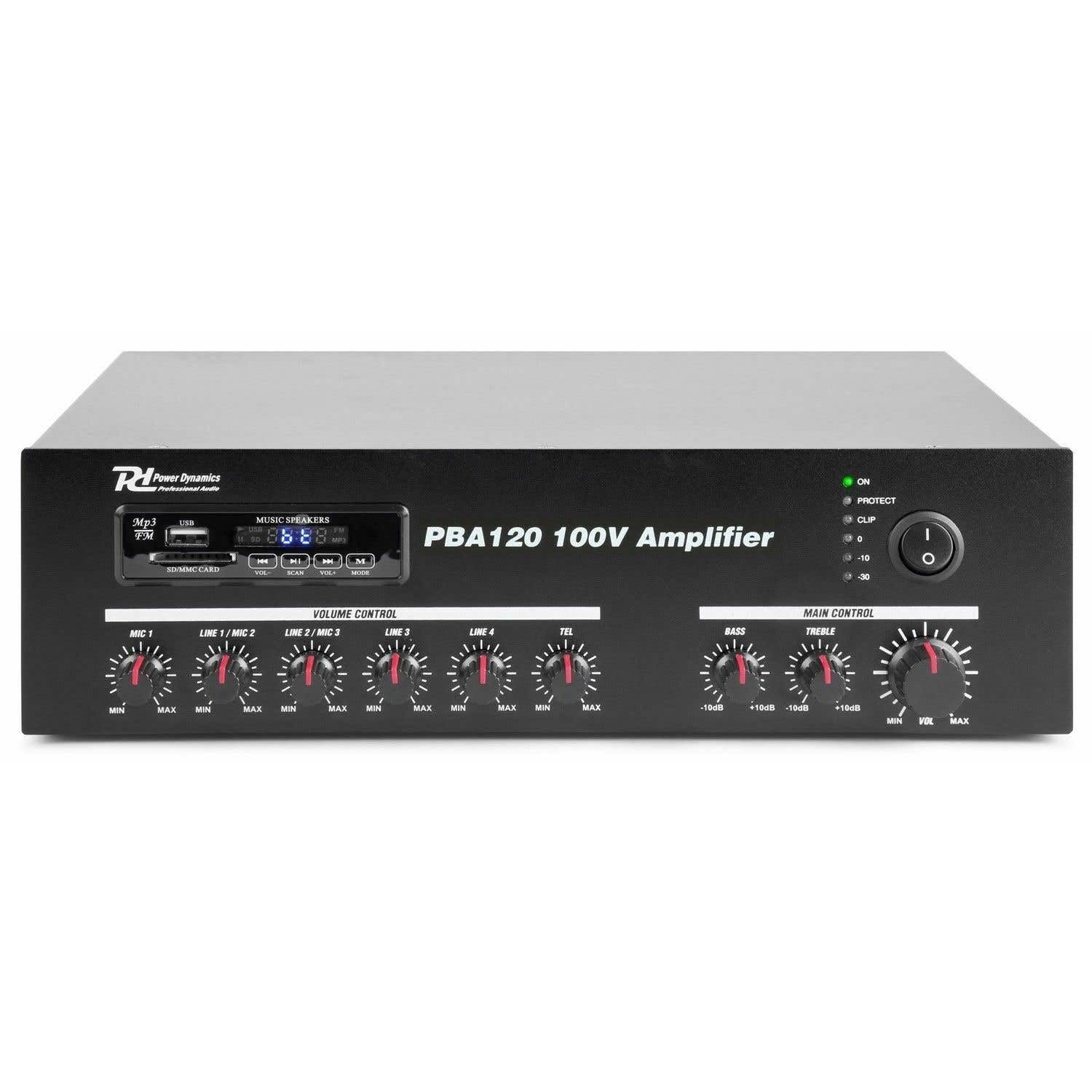 Power Dynamics PBA120 – Pack de 14 Altavoces 100V HS30M IP66 con Amplificador Bluetooth 120W USB FM cableado Profesional y Conexiones RCA para megafonia Exterior e Interior, Color Gris