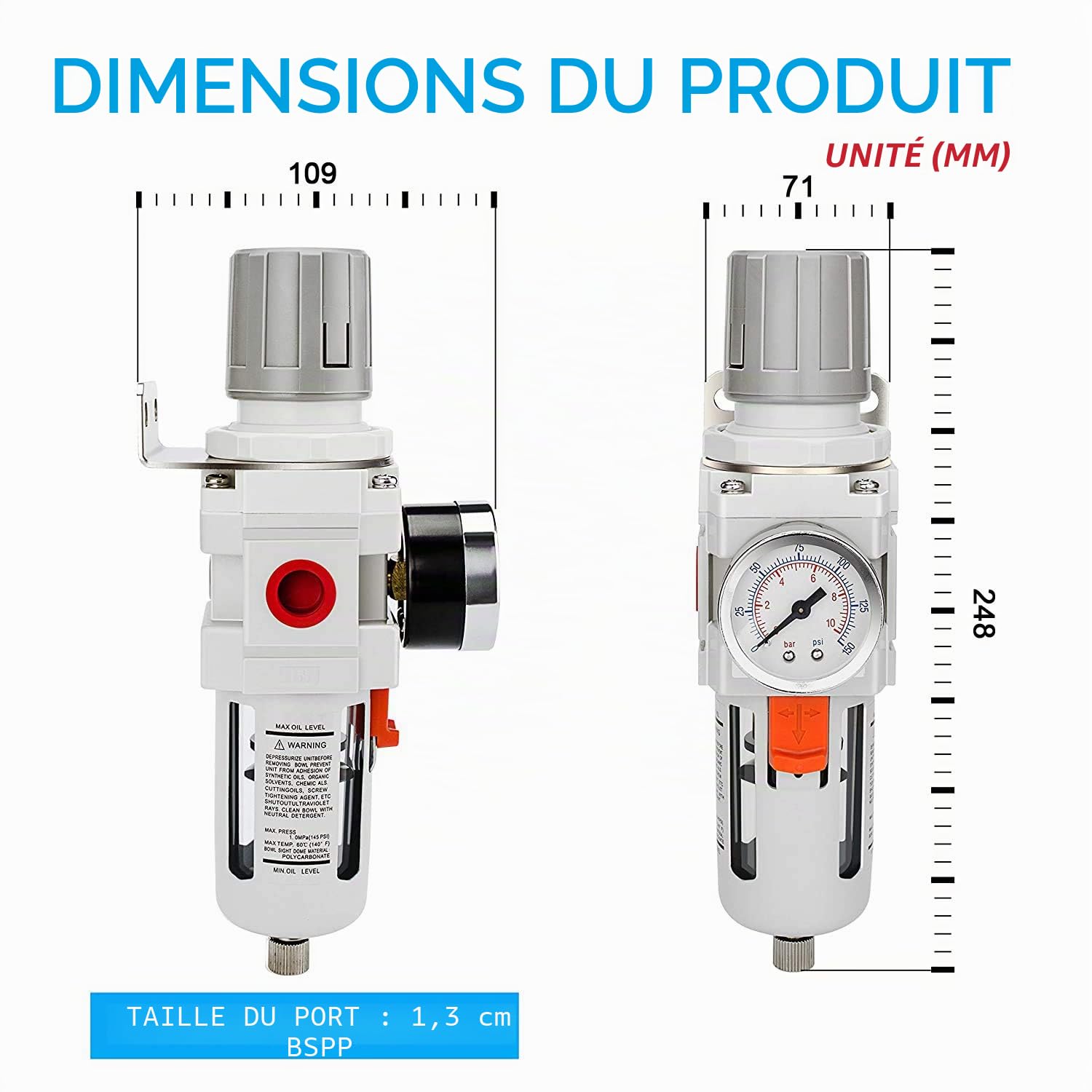 NANPU 1/2" BSPP Filtre Régulateur d'Air Comprimé Séparateur Eau-Huile - Manomètre (0-10 Bar), Réservoir En Polycarbonate, Décharge Semi-automatique, Support En Métal