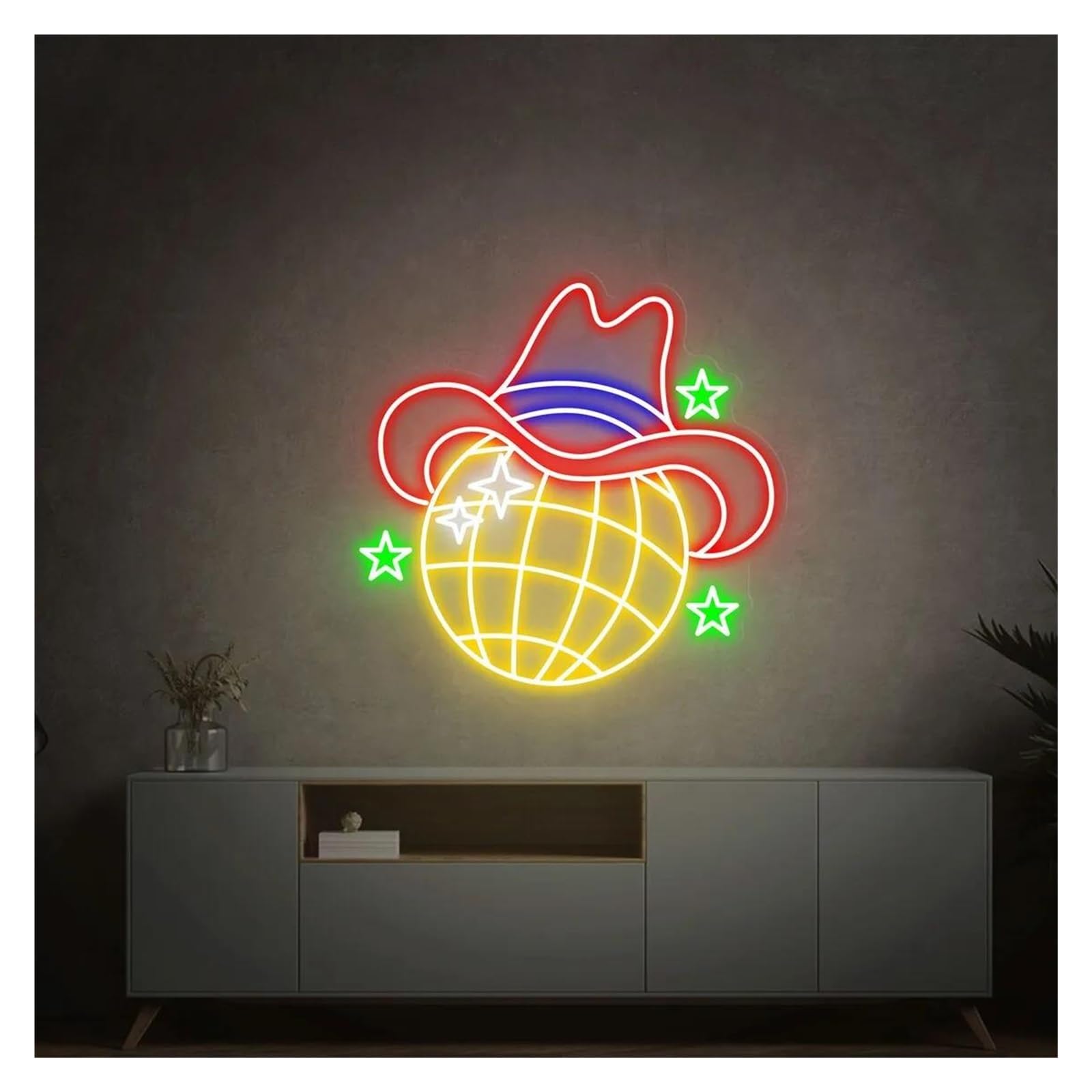LEMST Signs Lamp Retro Disco Ball Neon Signs USB Powered, Adjustable Brightness Neon Lights Cowboy Hat Suitable for Shop Decor Commercial Light(A,50cmx50cm)