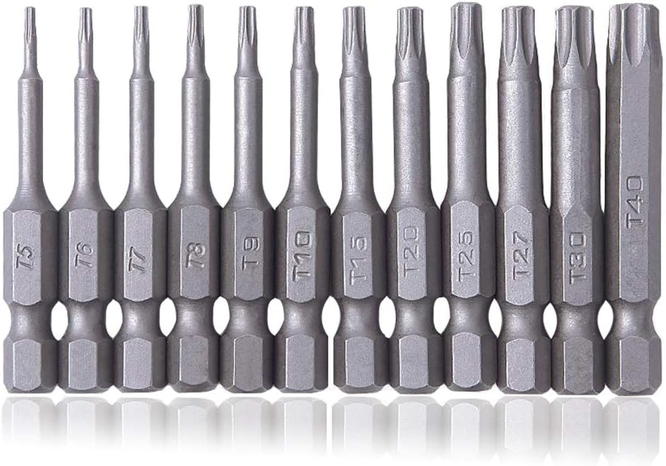 Saiper 12 Pieces 1/4 Inch Hex Shank Torx Security Head Screw Driver Bit Magnetic Tamper Proof Star S2 Steel Screwdriver Set Bits T5-T40, 50mm/2 Inch Long