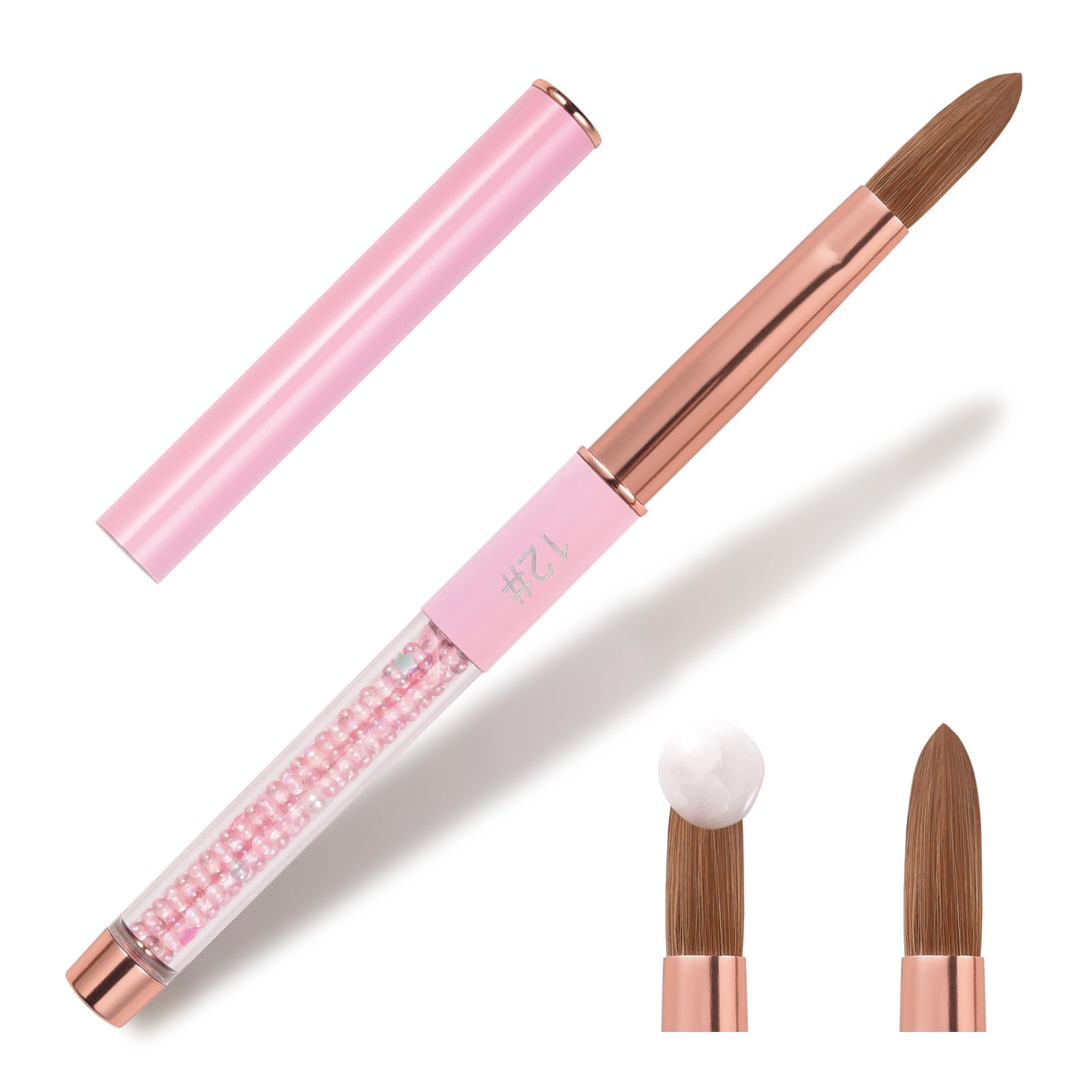 Kolinsky - Pennello per unghie in acrilico, setole per capelli, forma ovale, per applicazione acrilica, extension e intaglio 3D, con manico in perline rosa, per manicure a casa e salone