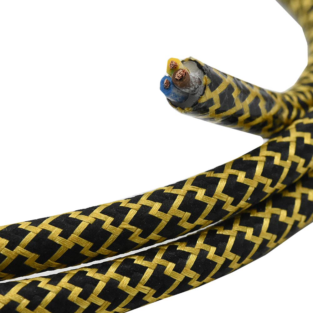 10 M Stoffkabel Schwarz-gold – 3x0,75 Qmm, 3-adrig, Für Lampen & Leuchten (H03VV-F, ø 6,2 Mm)