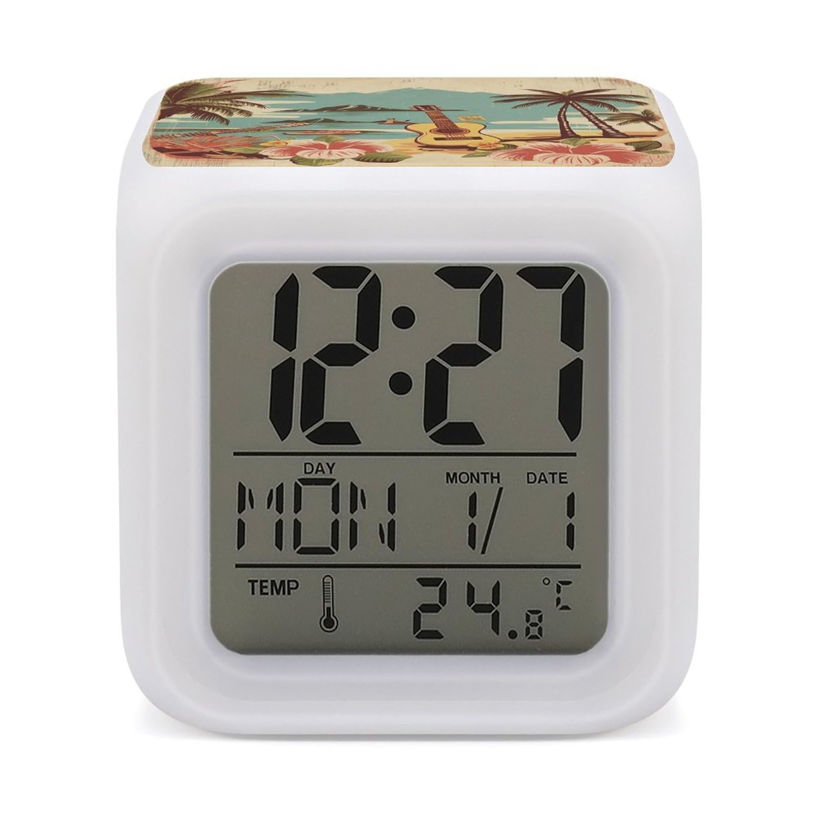VstaDank Vintage Hawaii Alarm Clock for Bedrooms Small Clocks with 7 Color Night Light Desk Clock with Large Numbers Loud Wake Up Timer Ideal for Gift & Room Decor