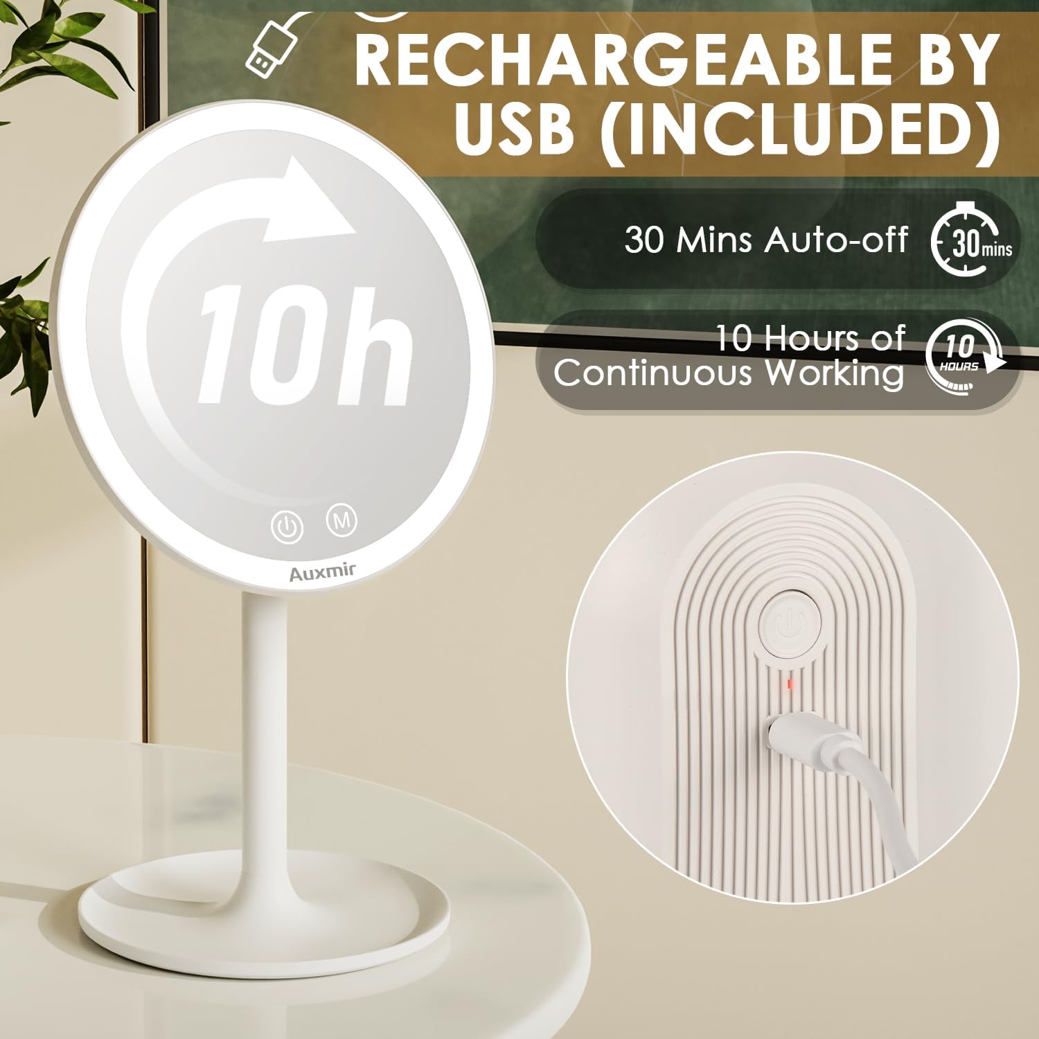AURORIONCG Barre Lumière Miroir Maquillage 10 Ampoules – Dimmable, 3 Températures Couleur (3000K/4000K/9000K) – Alimentation USB, Adhésif
