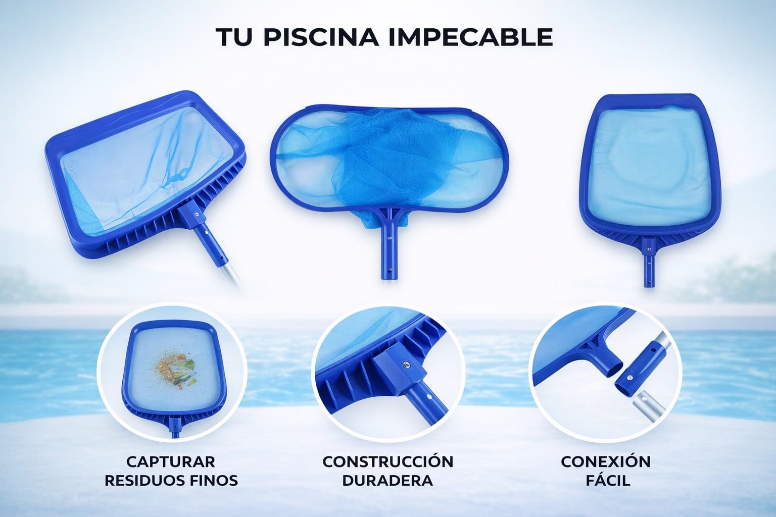 HERSIG - Recoge Hojas para Piscina de Malla Fina para Hojas, Pelos e Insectos - Limpiador con Marco Reforzado de 43x28 cm y Conexión Universal