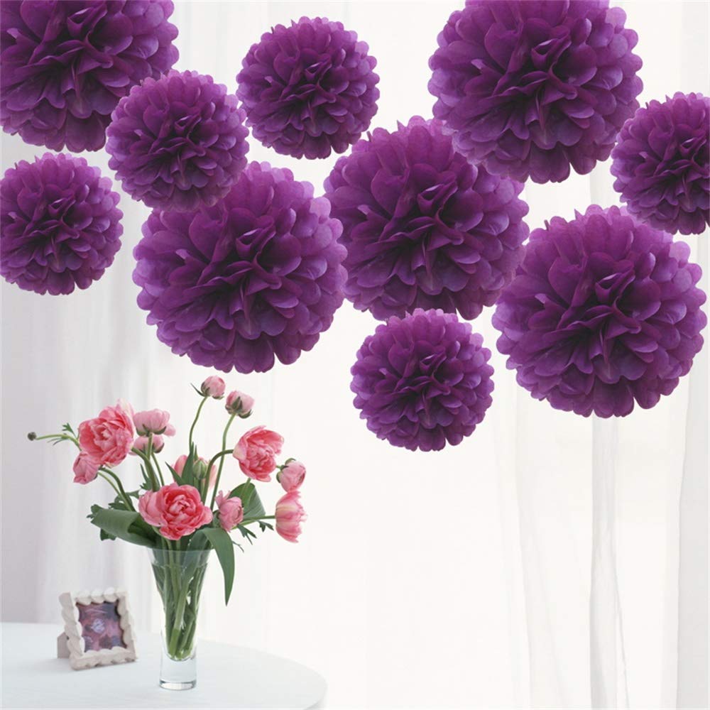 Time to Sparkle 10 Pack Mixed Tissue Paper Pompoms Pom Poms Flower Wedding Party Decoration (Purple, 10pcs Large(8"+10"+12"))
