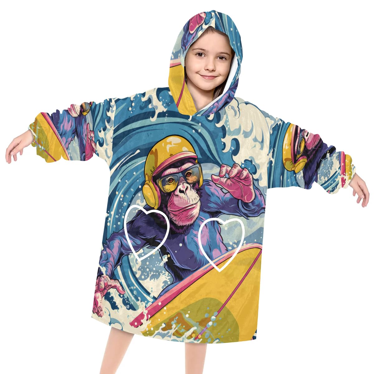 Pardick Wearable Blanket Hoodie for Kids, Colorful Monkey Fleece Sweatshirt Blanket Oversized Blanket Sweatshirt with Pocket Flannel Warm Hooded Blanket 6-10 Year Old Girl Boy Gift, One Size