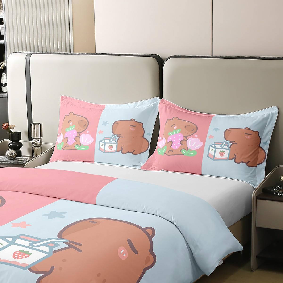 Homewish Kids Capybara 100% Cotton Duvet Cover Double,Kawaii Capybaras Comforter Cover,Cute Capybara Stuffed Animal Bedding Set,Cartoon Style Soft Breathable Quilt Cover Bedroom Decor,Pink Blue - Image 4