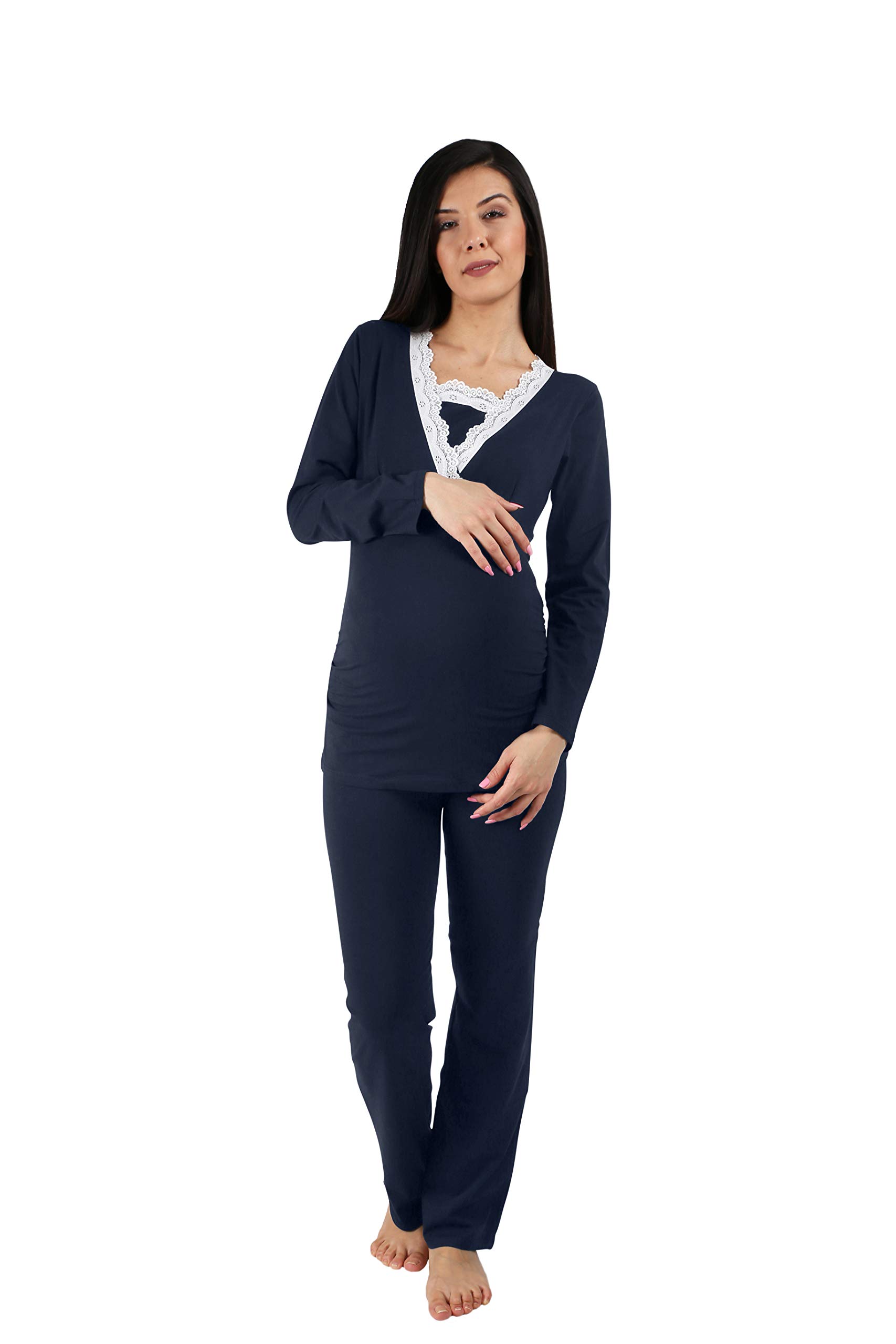M.M.C. Ensemble pyjama d'allaitement avec dentelle pour femme - Pyjama de grossesse et d'allaitement - Avec fonction d'allaitement - Manches longues