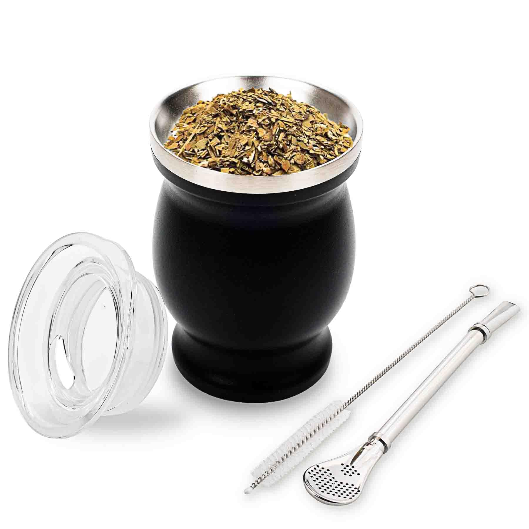 Yerba Mate Cup Set Stainless Steel Double Walled Yerba Mate Gourd with Bombilla Yerba Mate Straw, Cleaning Brush & Lid 8.4 oz (Black)