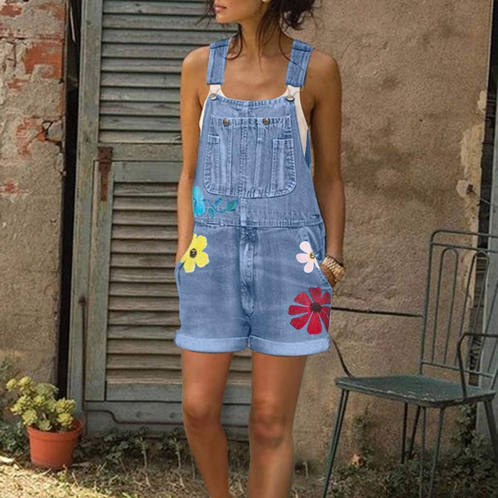 Salopette da donna in jeans 90 pezzi – Salopette in jeans da donna con fiori, tuta corta estiva estiva da ragazza, pantaloni corti da donna, pantaloni estivi leggeri, gamba larga, pantaloncini da