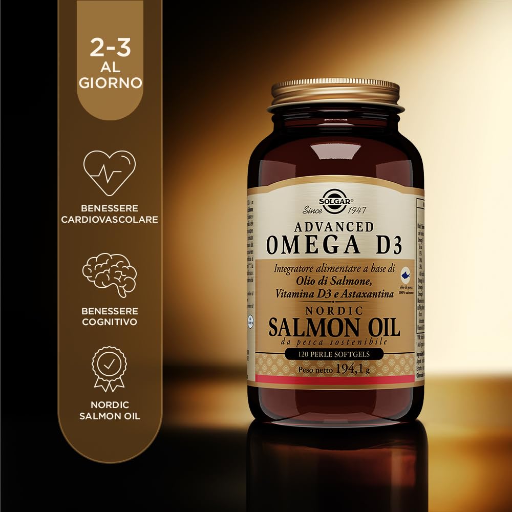 Solgar Advanced Omega D3, 120 perle softgels - Integratore alimentare con olio di salmone nordico, EPA, DHA e Vitamina D3