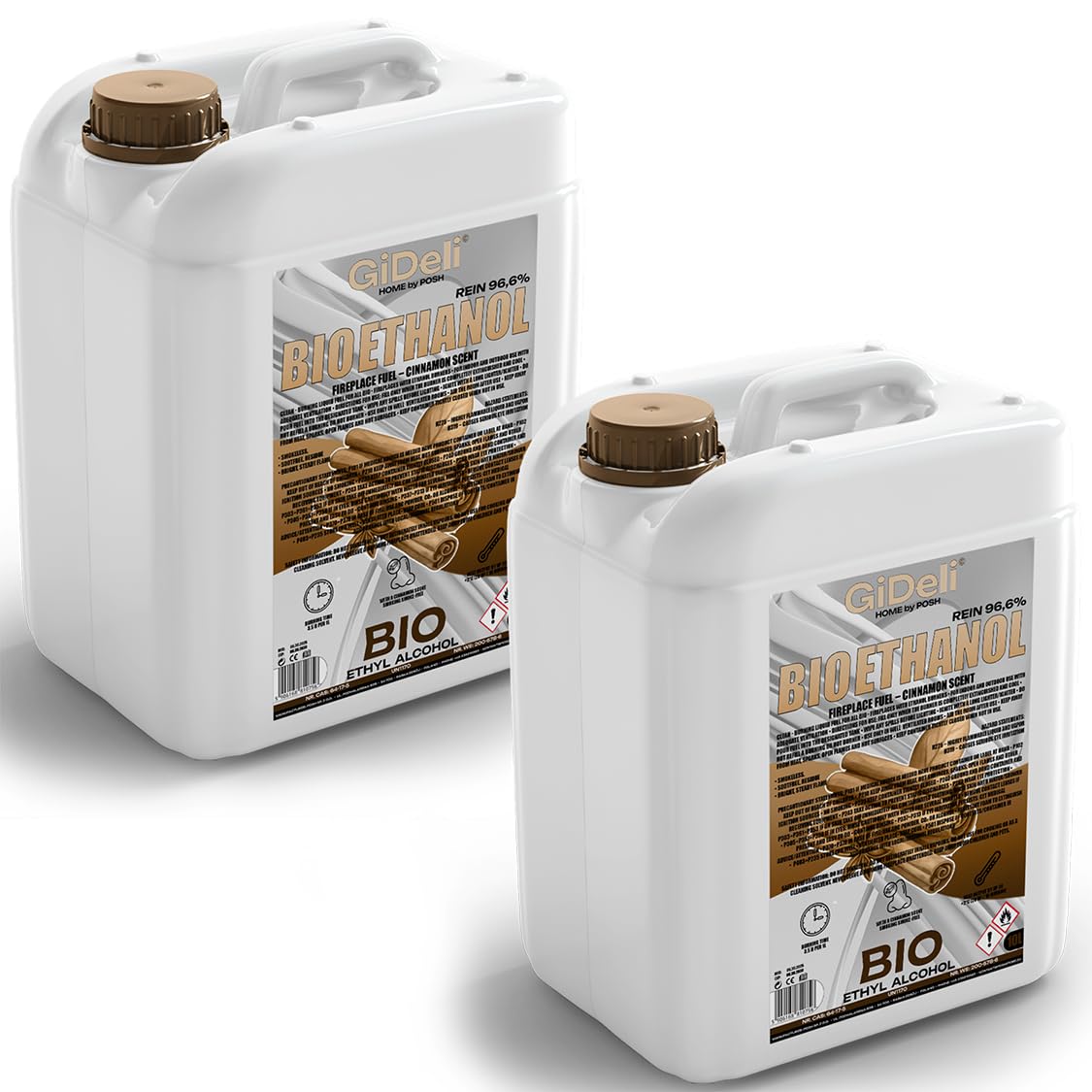 GiDeli bioetanolo 2 x 10 l con profumo di cannella 96,6% etanolo per camini interni ed esterni, senza fumo e fuliggine, da mais e barbabietola da zucchero