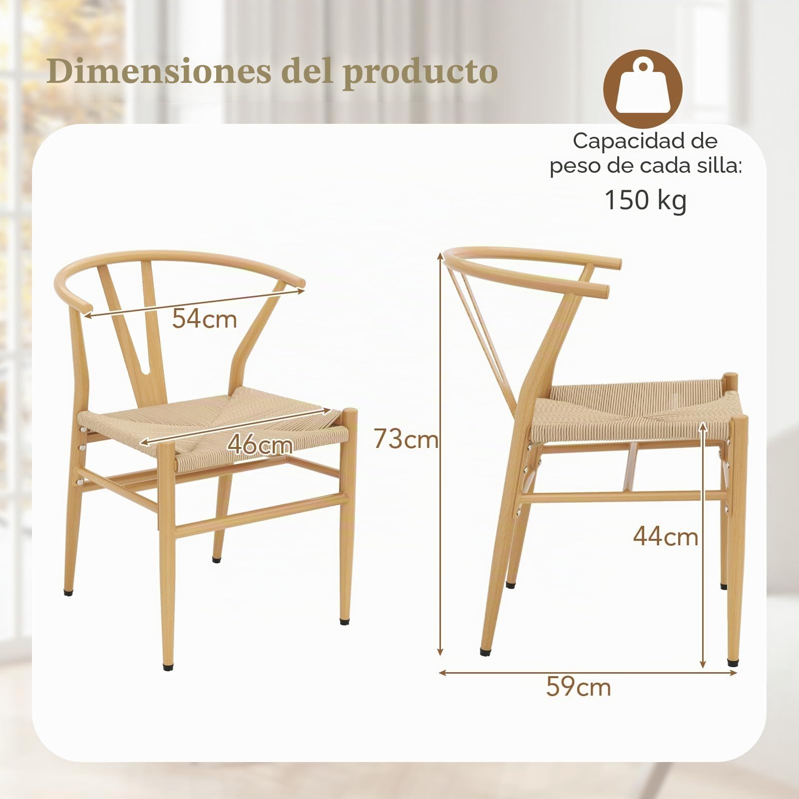 GIANTEX Juego de 2 Sillas de Comedorcon Diseño Apilable, 54 x 59 x 73 cm, Sillas Modernas con Respaldo Curvado y Asiento de Ratán, Carga hasta 150 kg, para Cocina, Salón (Natural)
