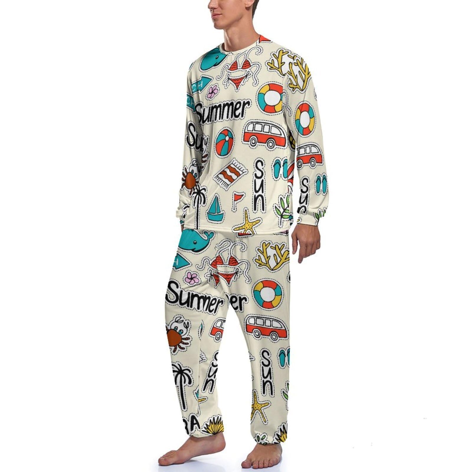 Sommer Herren Schlafanzug Lang Pyjama Set Nightwear Langarm Nachtwäsche Sleepwear