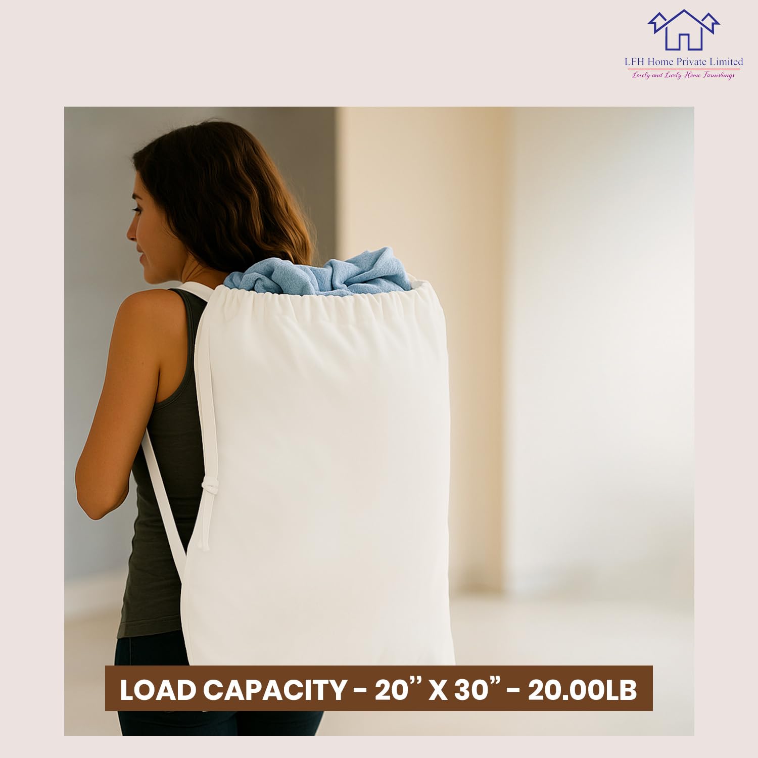 LFH Home - Bolsa de lavandería grande de lona de algodón resistente, elegante cierre de cordón con asa de transporte, organizador de ropa sucia, campamento, viajes, vacaciones, hogar, hotel y