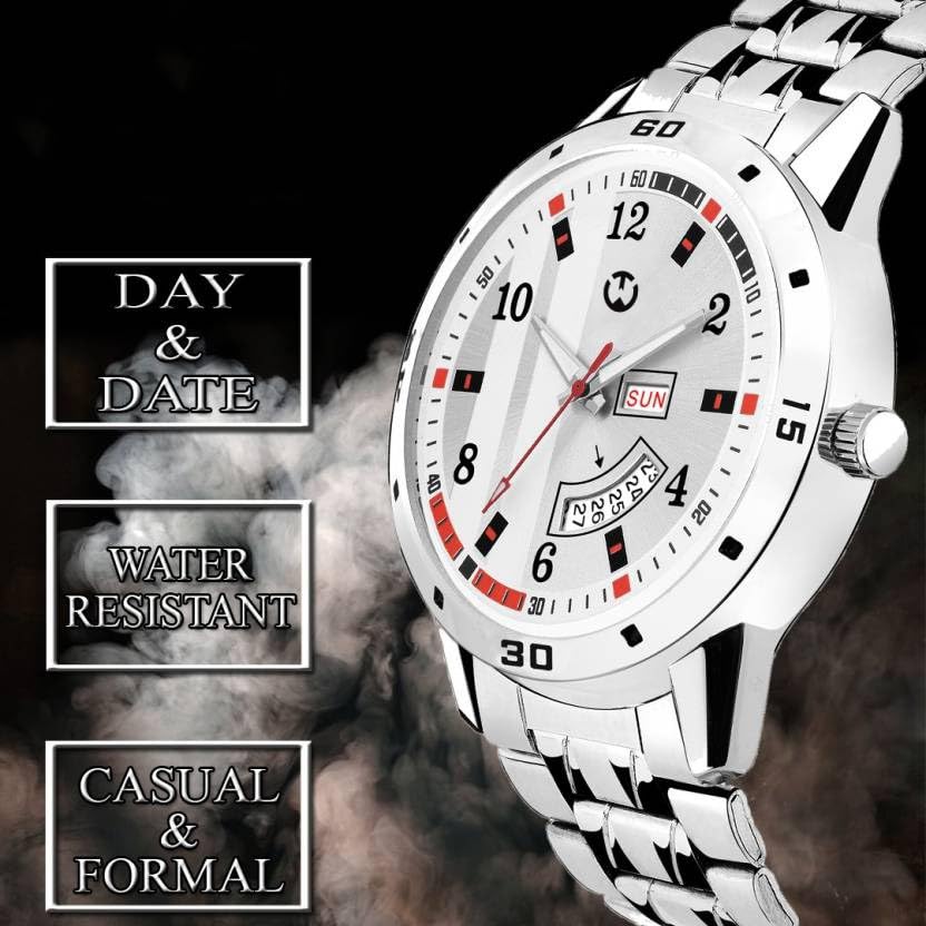 Image of Men's Analog wristwatch, Silver Stainless Steel Strap Blue Day & Date Dial, Water Resistant, Formal & Casual Wear, Gift Watch for Men