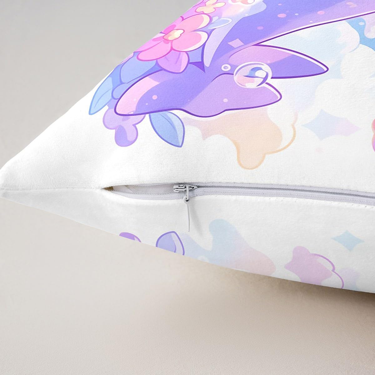Manfei Kawaii Shark Pillow Cover 24"x24" Single Pack,Watercolor Purple Shark Cartoon Flowers Leaves Cushion Cover for Couch Sofa,Cute Starfish Bubble Dreamy Sealife Pillowcase Outdoor Pillow Cover