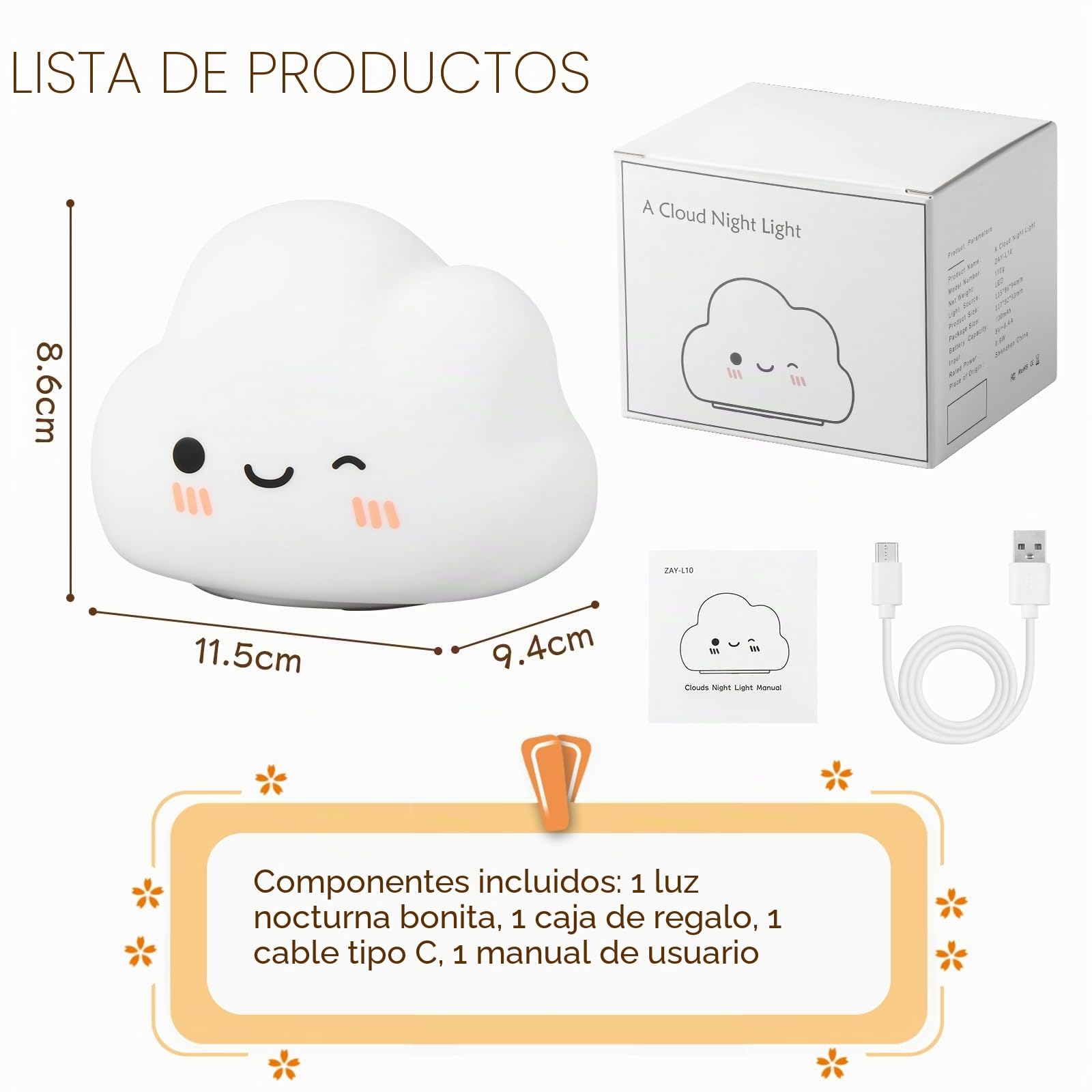 Luz Nocturna Infantil Control Táctil Recargable 7 Colores 3 Brillo Lampara Bebe Noche Nube