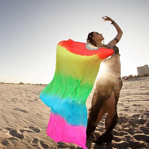 Miniatura 6 de WEISIPU Velos de Abanico de Danza del Vientre de Seda Sintética Hechos a Mano - Velos de Abanicos Largos de Bambú Disponibles en 8 Colores