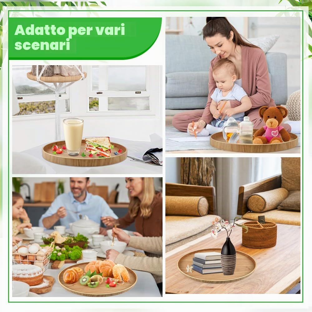 Vassoio Rotondo in Legno da 30cm - Piatto da Portata Tondo e Decorativo per Tè, Caffè, Frutta e Cibo