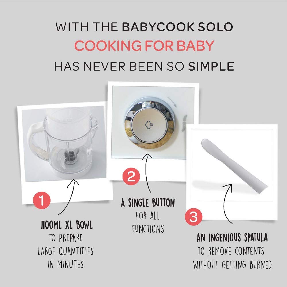 Béaba - Babycook Solo - Baby Food Maker - 4 en 1 : Baby Food Processor, Blender et Cooker - Soft Steamer Cooking - Quick - Food diversification pour votre Bébé - Made in France - Blanc/Argent