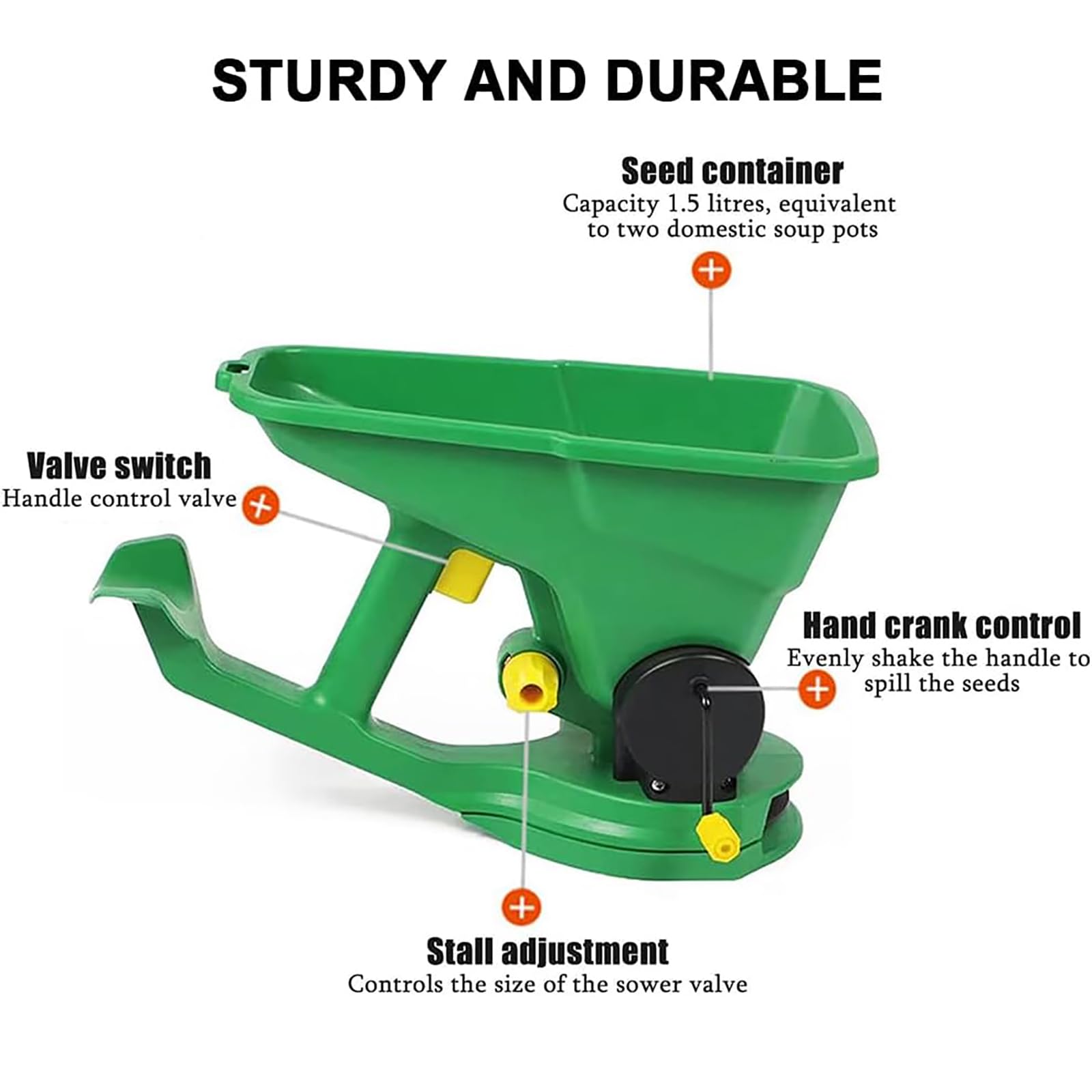 Spandiconcime portatile rotativo per prato, spandiconcime manuale, regolazione a 5 livelli, capacità 1,5 l, area di piantagione di 1-3 m², fioriera manuale per giardiniere per giardini