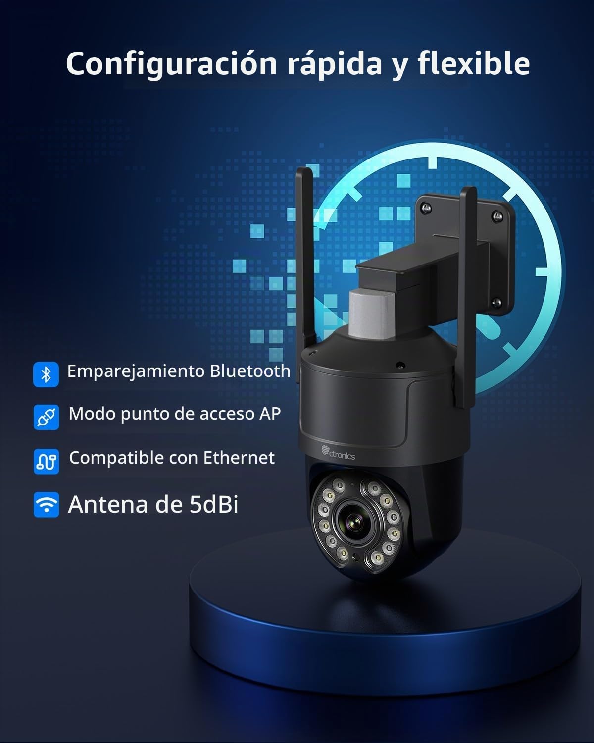 Ctronics 4K Cámara Vigilancia Exterior Zoom Óptico 5X, Máscara Privacidad | Visión Color Starlight 50m, Seguimiento Automático, Luz Roja-Azul & Sirena, WiFi 5G/2,4G, App/PC, TF 256GB/FTP/NAS, IP66