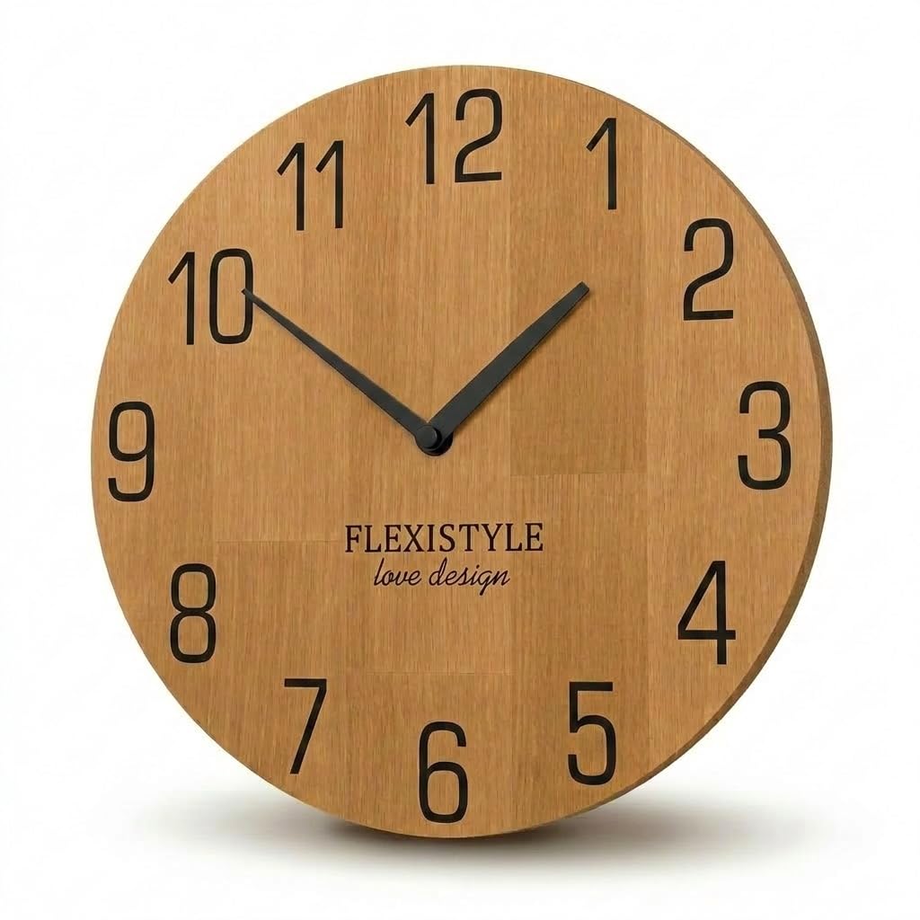 FLEXISTYLE Wanduhr Natur 30cm Durchmesser holzoptik 100% Eiche, Holz modern, Wohnzimmer, ohne tickgeräusche …